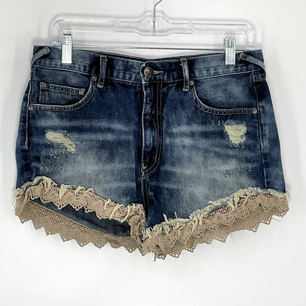 Free People Blue Jean Shorts with Tan Lace Trim